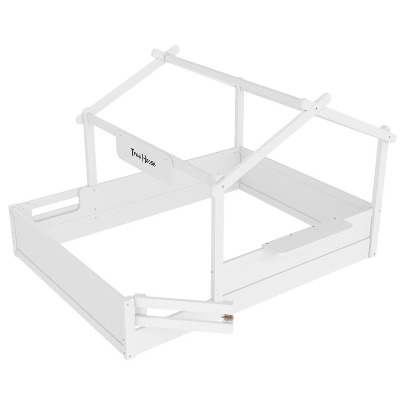 Kids House Floor Bed with Guardrails, Roof & Built-in Tray - Queen/Full/Twin Size, Childlike Design