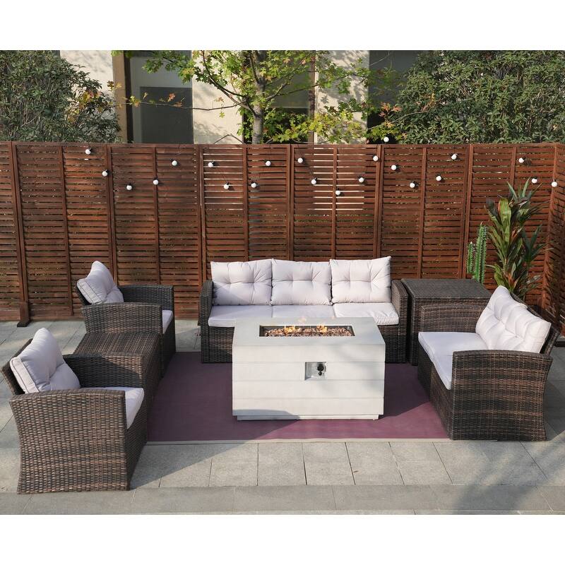 7-Piece Outdoor Rattan Conversation Sofa Set with Fire Pit Table - Rectangular grey table (W43.5"xD27.36"xH23.8")