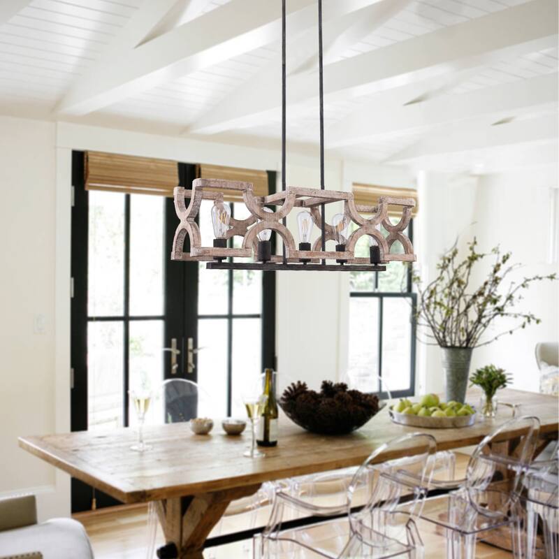 5-Light Coastal Distressed Wood Chandelier Farmhouse Adjustable Kitchen Island Pendant Light - 20" X 31"/20" X 32"