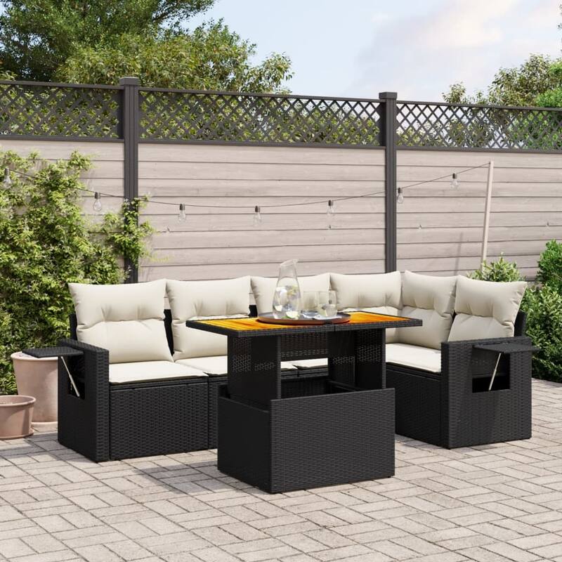 vidaXL Patio Sofa Set with Cushions Lounge Table and Sofas 6 Piece Poly Rattan - 21.7 x 39.4 x 28.7 - Black  - form1