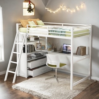Modern Twin Size Metal Loft Bed with Desk and Shelves, Two Built-in Drawers, Sturdy Construction & Safety Guaranteed, White