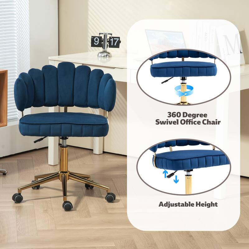 Velvet Home Office Desk Chair, Height Adjustable Task Chair, Armless Single Chair with Wheels, 360° Swivel Vanity Chair - N/A