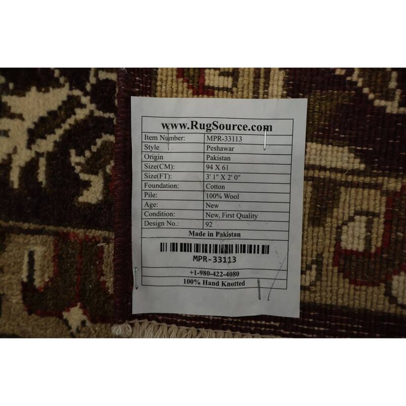 Hand Knotted Oriental 100% Wool Carpet Traditional All-Over Brown Peshawar Area Rug - 3' 1'' X 2' 0''