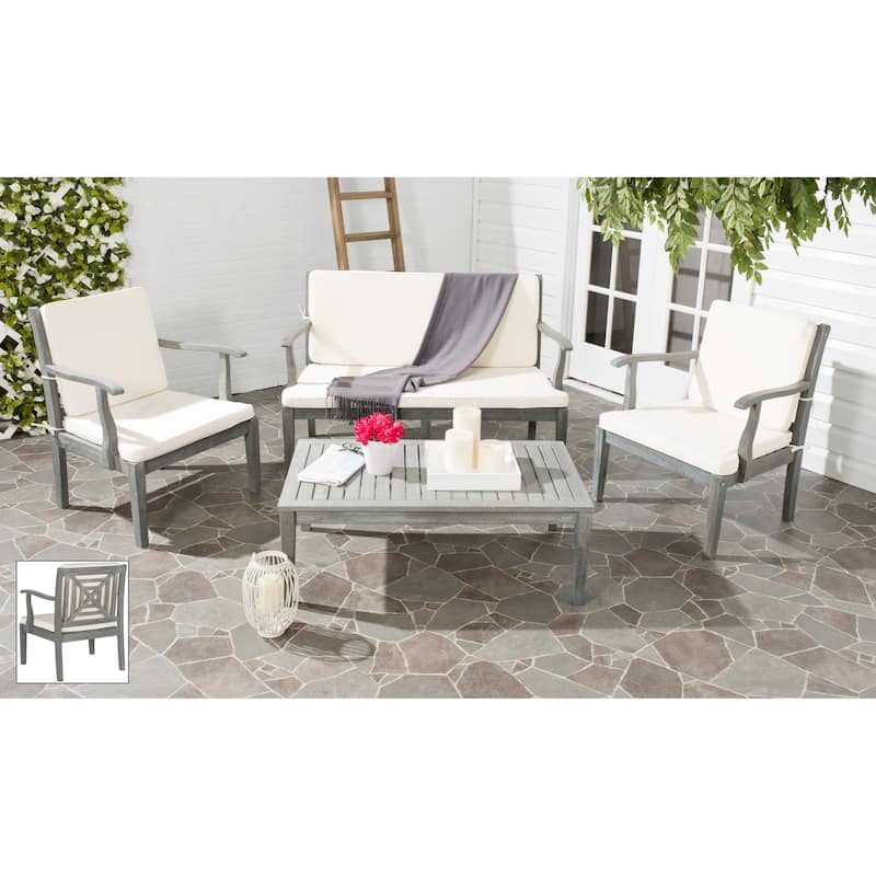 SAFAVIEH Outdoor Bethli Mar Acacia Wood 4-Piece Patio Set - 48W x 32D x 25H - Ash Grey/Beige