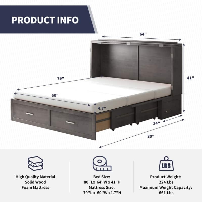 Mixoy Modern Murphy Bed Chest with Mattress,Storage Drawer,Charging Station