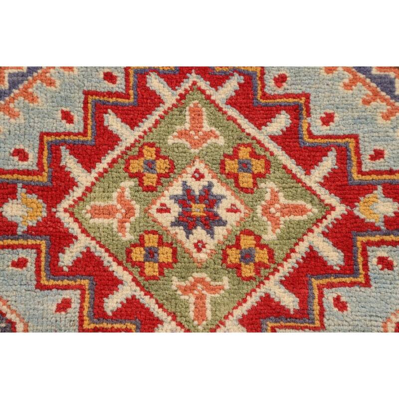 Geometric Kazak Accent Rug Handmade Blue Wool Carpet - 3'5" x 4'10"