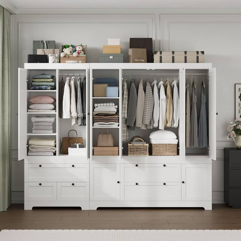 Gyomojoy Large White Wardrobe Closet with Drawers & Doors, Modular Armoire with Hanging Rods, Apartment & Dorm Storage