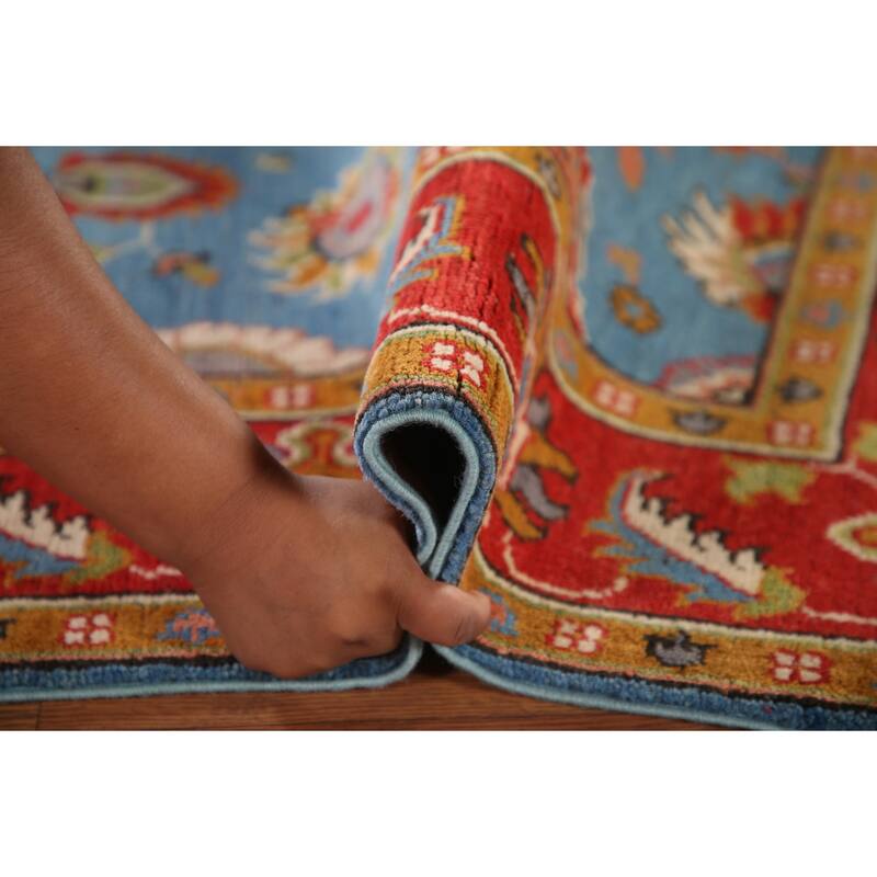 Light Blue Floral Kazak Oriental Area Rug Hand-Knotted Wool Carpet - 4'1"x 6'0"