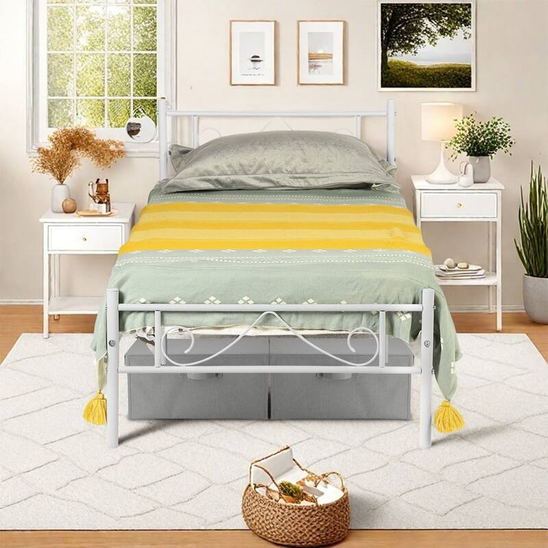 Homy Casa Twin Size White Metal Bed Frame, Clip-In Slats, Center Support, 12" Storage, Noise-Free Platform Bed, No Box Spring