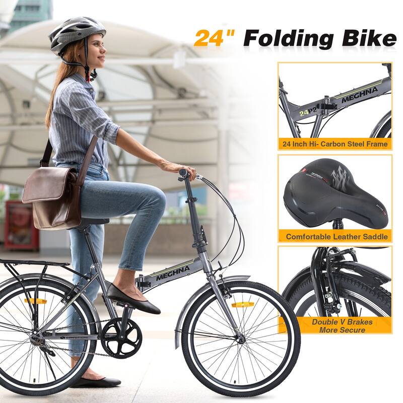 Folding City Commuter Bike - Steel Frame, Single Speed, Fenders, Dual V-Brake, Portable - 24
