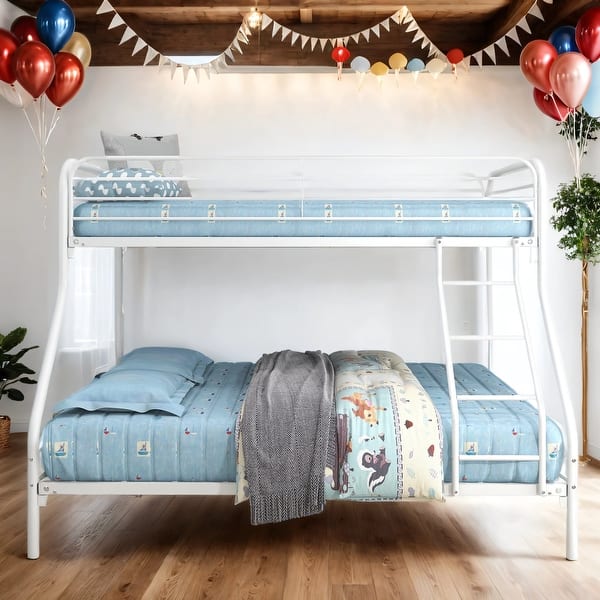 slide 2 of 10, Kid Bed Frame Twin-Over-Full Metal Bunk Bed with Enhanced Upper-Level Guardrail White