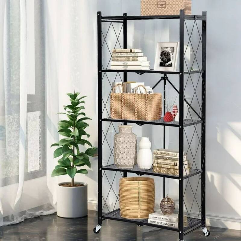 5-Tier Foldable Storage Shelving Unit, Heavy Duty Metal Kitchen Shelf with 3 Hooks