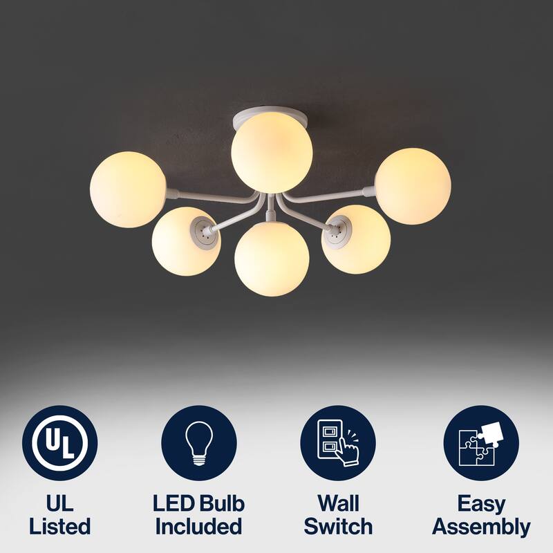 24" 6-Light Globe Modern Industrial Iron Bistro LED Semi Flush Mount, By JONATHAN Y