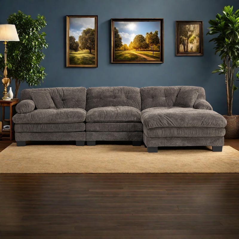 120.87" Chenille L-Shaped Sectional Sofa with Reversible Design, and 3-Seat Sleeper & Ottoman - Dual-Layer Cushion - Gray