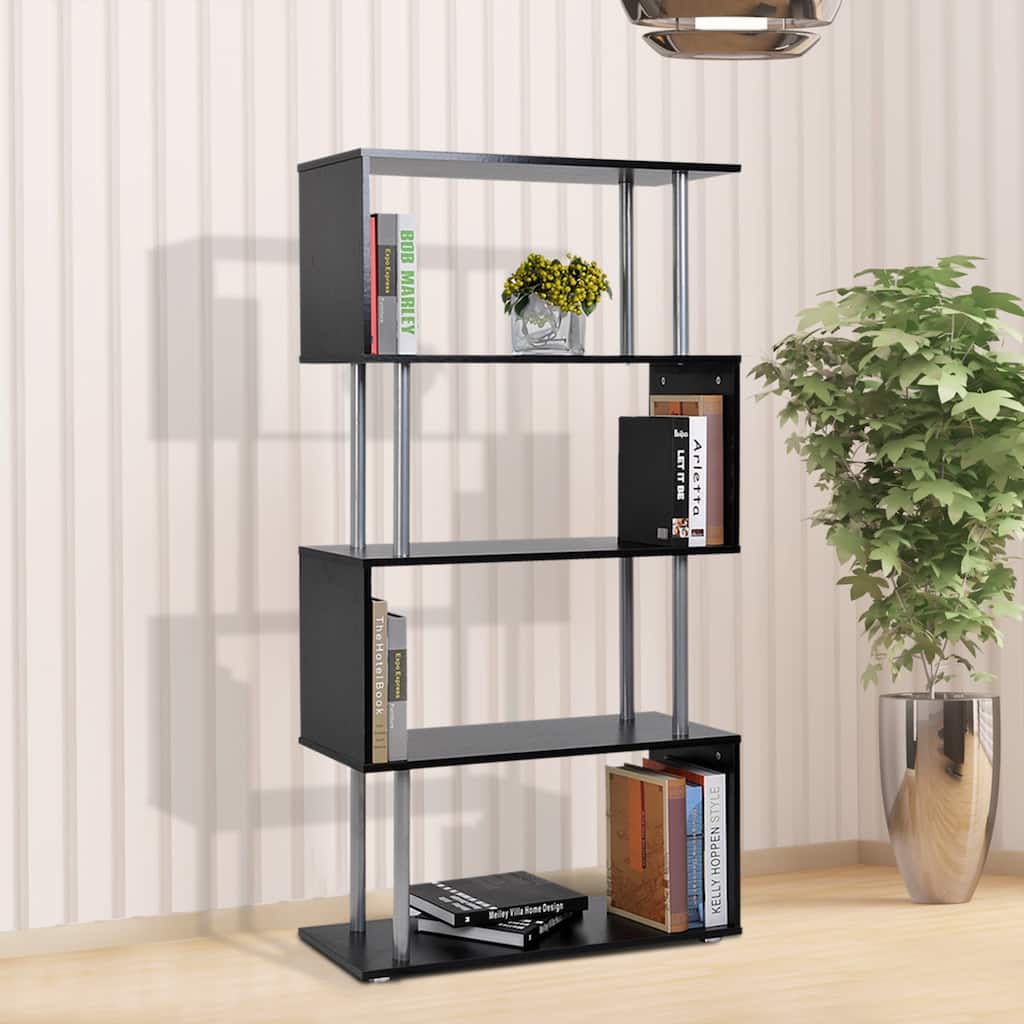 HomCom Modern S-Shaped 5 Tier Room Dividing Bookcase Wooden Storage Display Stand Shelf - Black - 11.75*31.5*57.25