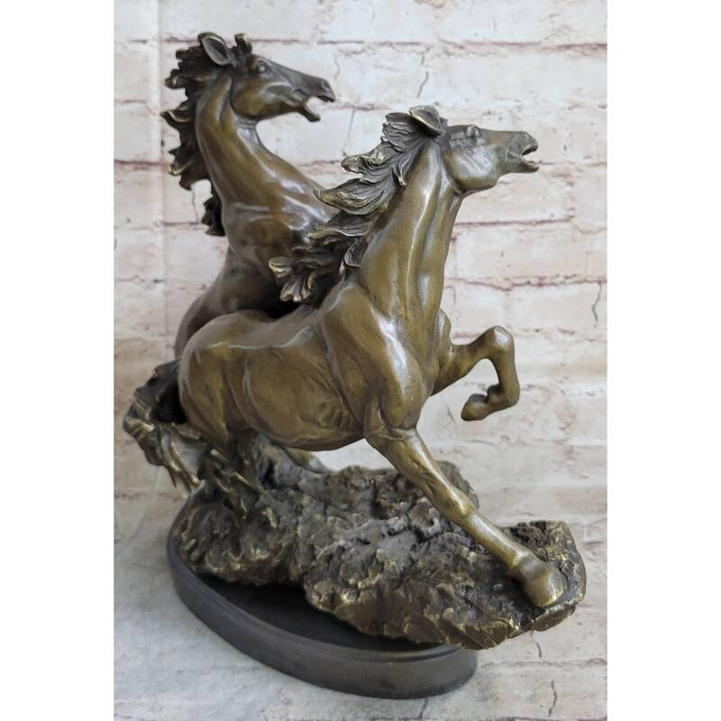 Pair Of Wild Stallion Mustang Imitative Horses Bronze Statue Sculpture Figure Mene 14 Inches X 12 Inches