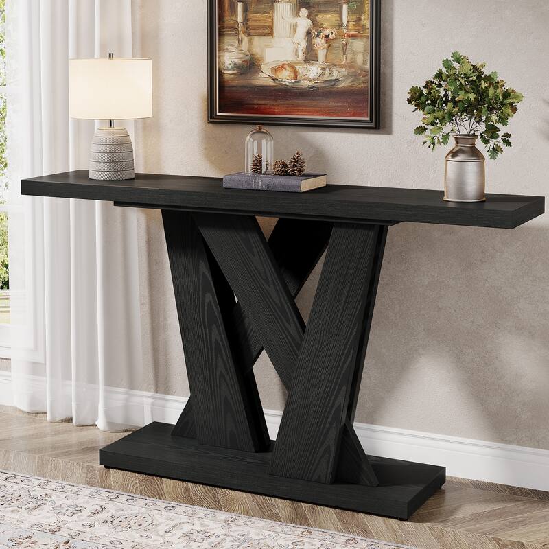 55'' Farmhouse Console Table, Wood Entryway Table with Geometric Base