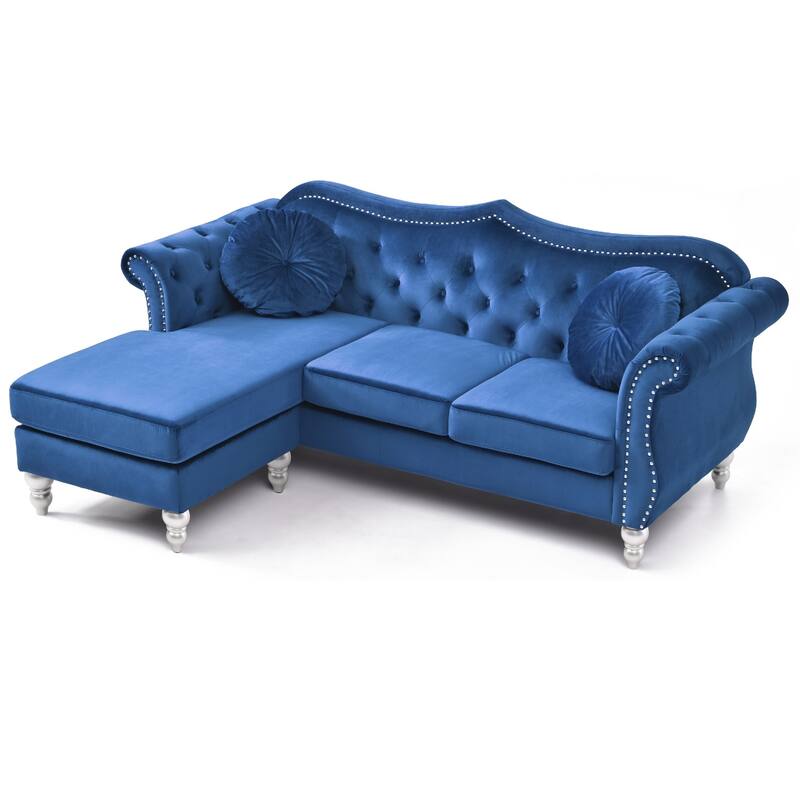 Tufted Velvet Chesterfield Sectional Sofa with Throw Pillows - 81" - Blue