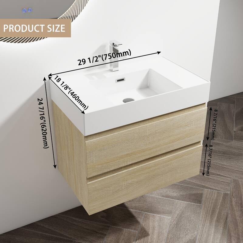 24/30/36 Single Sink Wall-Mounted Bathroom Vanity with Integrated Thick Edge Resin Sink