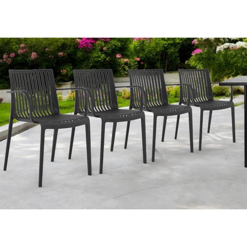 HomeRoots Set of Two Black Heavy Duty Plastic Outdoor Stacking Arm Chairs - Black