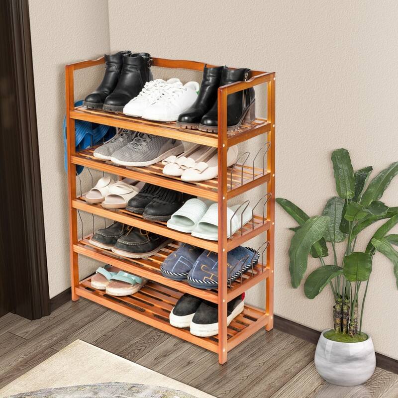 5-Tier Simple Wooden Shoe Rack with 6 Pair Shoe Form Wood Color