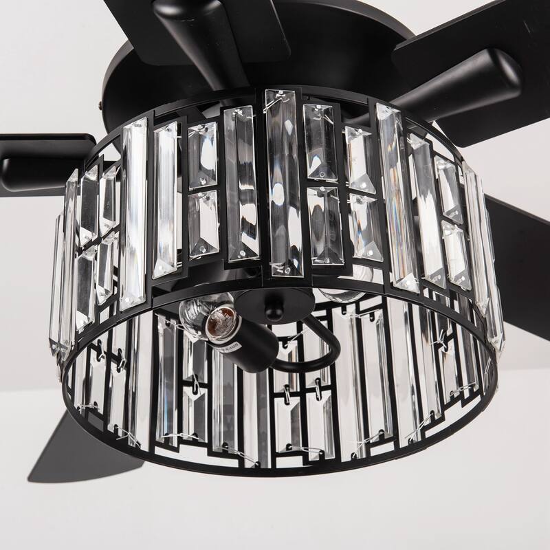 52" Matte Black Industrial Crystal Caged Downrod Mount Ceiling Fan with Remote and Light