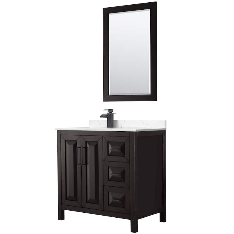 Daria 36-inch Single Vanity, Cultured Marble Top, 24-inch Mirror - Dark Espresso,Black Trim,Carrara Cult. Marble Top