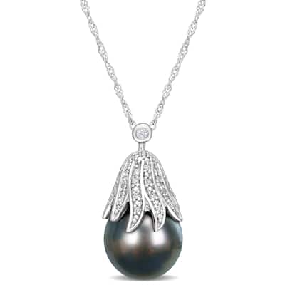 Miadora 10-11mm Black Tahitian Cultured Pearl & Diamond Accent 14k White Gold