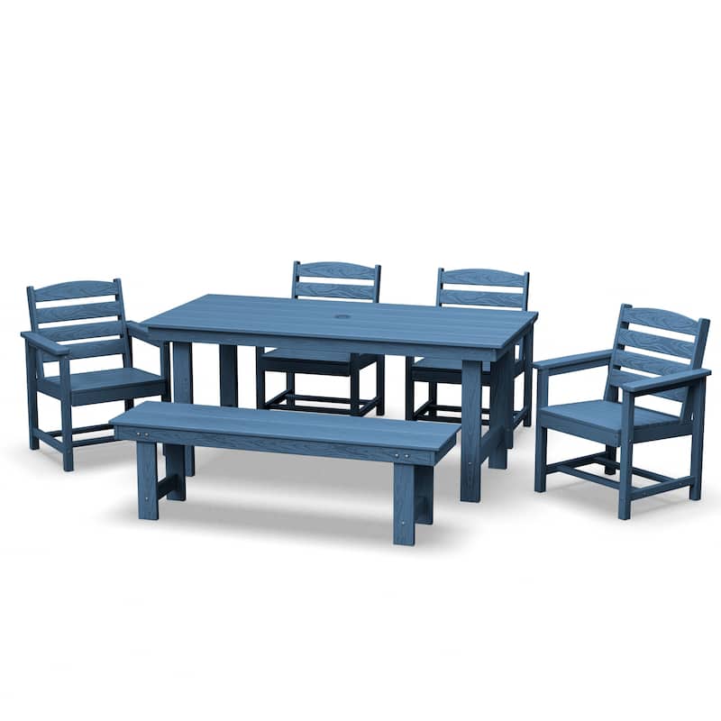 6-Piece HDPE Outdoor Dining Table Sets with Umbrella Hole - 1-Table 4-Chairs-1-Bench - Navy