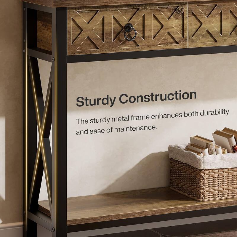 55" Farmhouse Narrow Console Table with 3 Drawers, Long Rustic Entryway Table with 2-Tier Storage Shelf