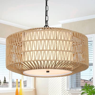 Farmhouse 4-Light Hand-Woven Rattan Chandelier - Adjustable Height
