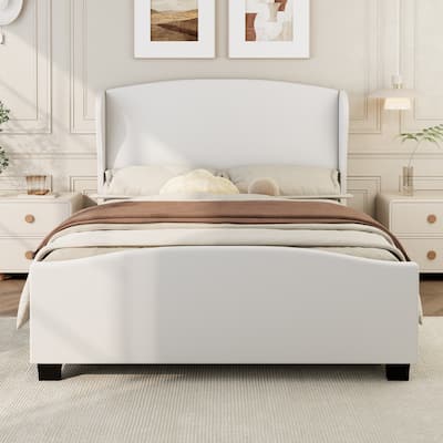 51" High Headboard Upholstered Bedframe, Wingback Linen Fabric Platform Bed with Solid Wood Legs, No Box Spring Needed