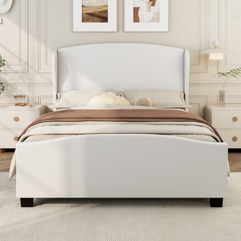 51" High Headboard Upholstered Bedframe, Wingback Linen Fabric Platform Bed with Solid Wood Legs, No Box Spring Needed