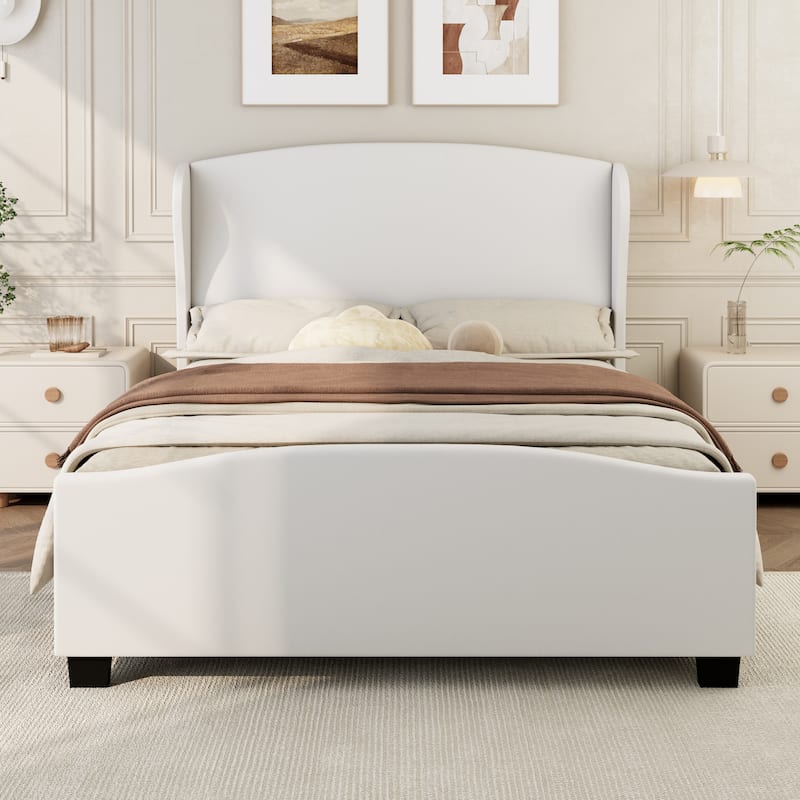 Full/Queen/King Upholstered Platform Bed Frame with 51" Wingback Headboard, Solid Wood Legs & Linen Fabric, No Box Spring Needed - Beige - Queen