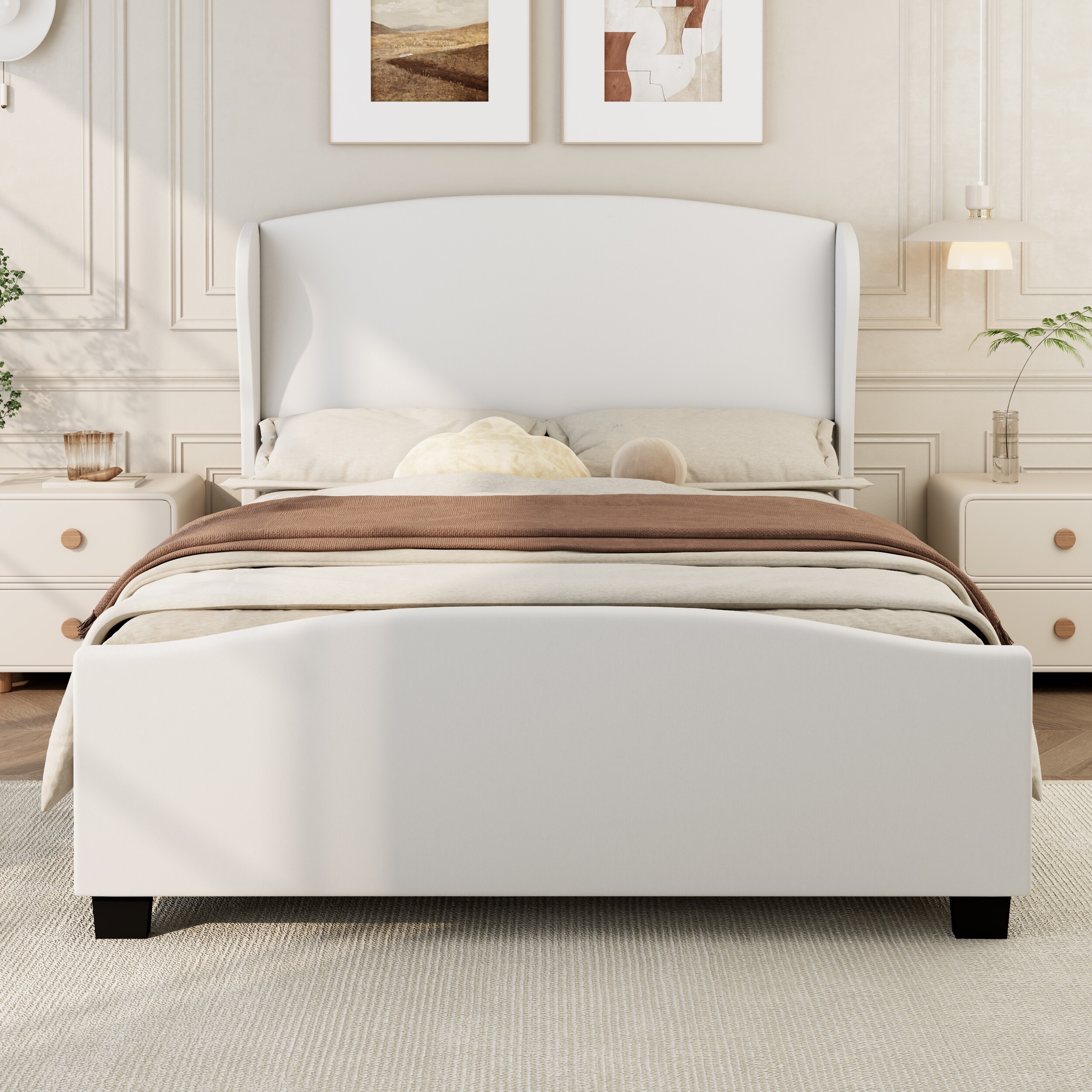 Linen Upholstered Bed with High Headboard Curved Wingback Bed Low