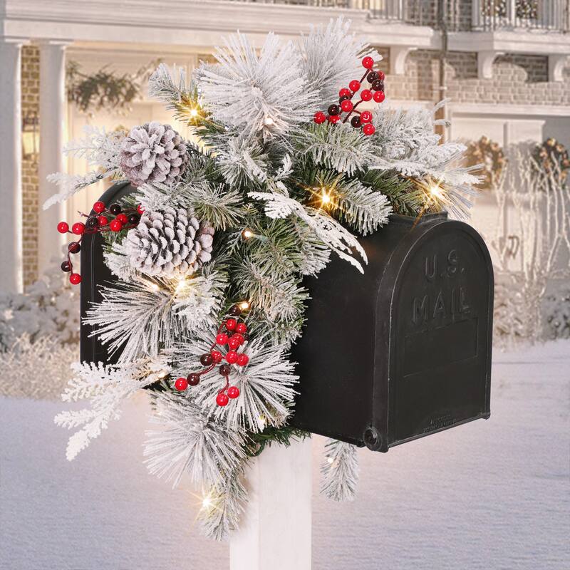 Puleo International 36 in. x 16 in. Pre-Lit Flocked Decorated Mailbox Cover - Polyester - Green