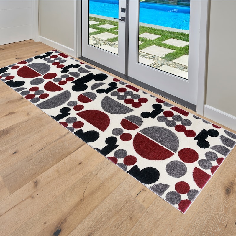 Licensed Disney Mickey Mouse Bravo Encore Modern Geometric Spheres Red/ Grey/ Ivory Indoor Area Rug Runner, 8' - 2' 6" x 8'