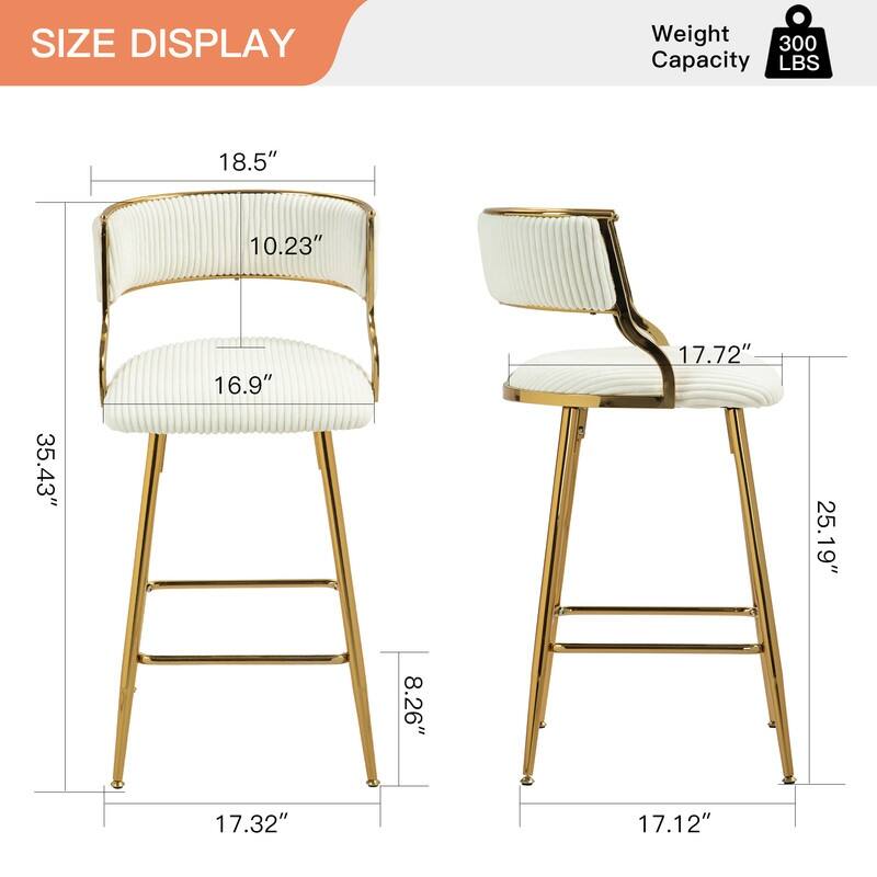 (SET of 2) 26'' Counter height bar stools Corduroy kitchen island counter bar stool with back,golden chromed base and footrest