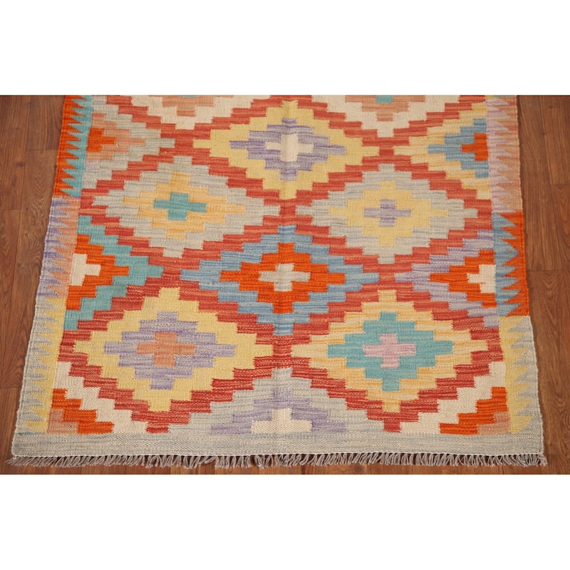 Reversible Kilim Rug Hand-Woven Foyer Wool Carpet - 3'3"x 4'11"