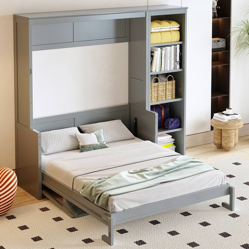 Wooden Murphy Bed Wall Bed with Storage Shelves and Built In Desk, Foldable Platform Bed Frame, Fold into The Wall
