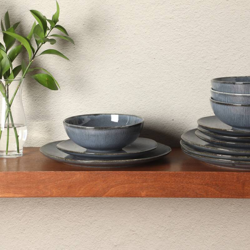 Gibson Elite Sandy Pines Stoneware Plates and Bowls Set - 12 Piece Reactive Glaze Dinnerware Set - Service for 4