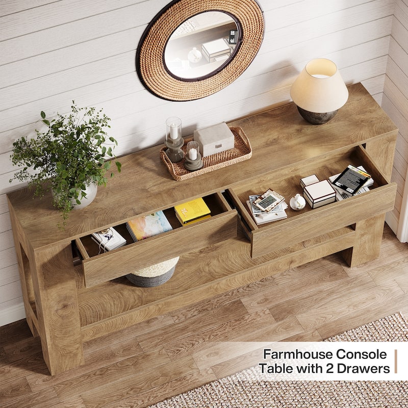 2-Tier Wooden Console Table with 2 Drawers for Entrance - /