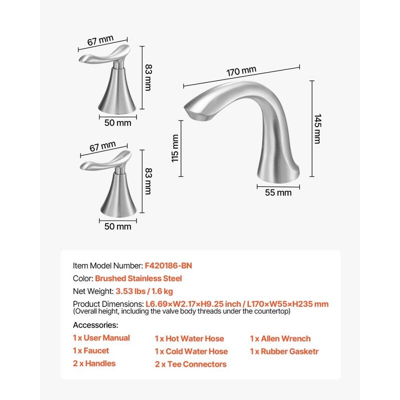Brushed Stainless Steel Roman Bathtub Faucet Set with Dual Handles and Fast Flow Design - 6.69 x 2.17 x 5.7 inch