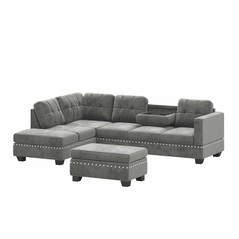 105 inch Reversible Sectional Sofa L shape Couch Space Saving with Storage Ottoman and Cup Holders Design