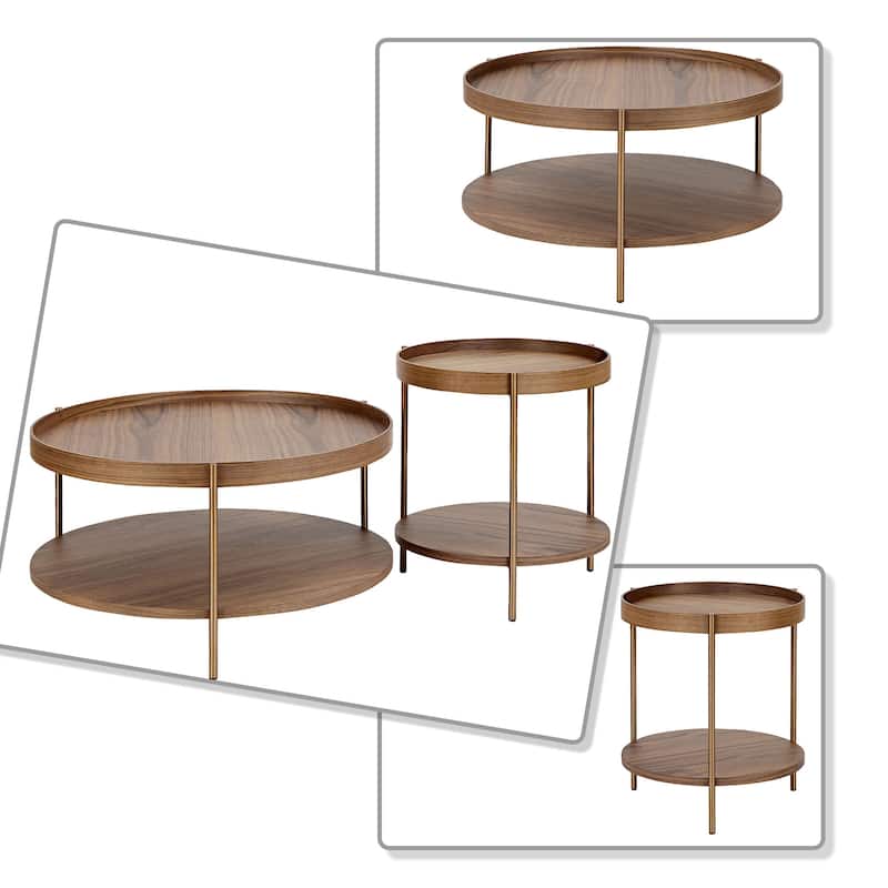 Classic Vintage 2 Piece Wooden Coffee Table Set with Metal Legs