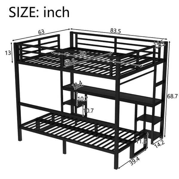 Queen Over Twin XL Metal Bunk Bed / Loft Bed with Desk and Shelves, Multiple Uses Bed Frame with LED Light and Charging Station