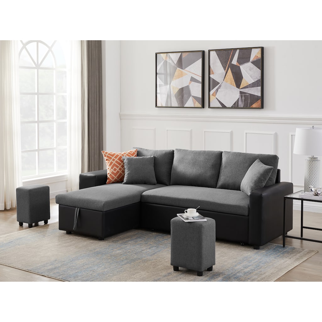 92.5"Reversible Sleeper Sectional Sofa with storage and 2 stools Steel