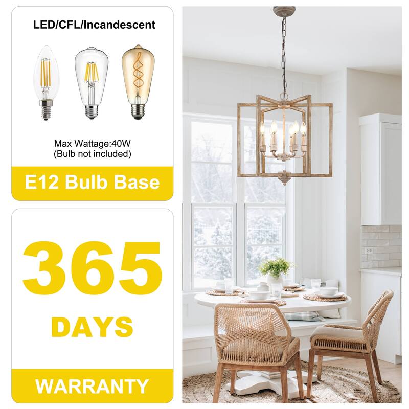 Oaks Aura Wooden Chandelier,Rectangular Frame Pendant Light,Farmhouse Hanging Lamp,Height Adjustable for Living Room,Dining Room