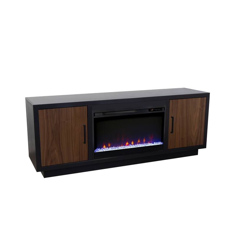 Bridgevine Home Aria 66 inch Fireplace TV Stand for TVs up to 80 inches, Minimal Assembly, Black and Walnut Finish