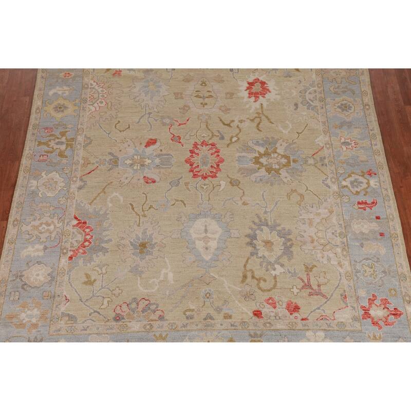 Hand Knotted Oriental 100% Wool Carpet Transitional All-Over Beige & Ivories Oushak Area Rug - 9' 10'' X 7' 9''